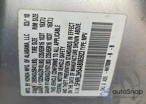 2010 Honda Odyssey Ex z USA, uszkodzony, nr VIN 5FNRL3H54AB065923